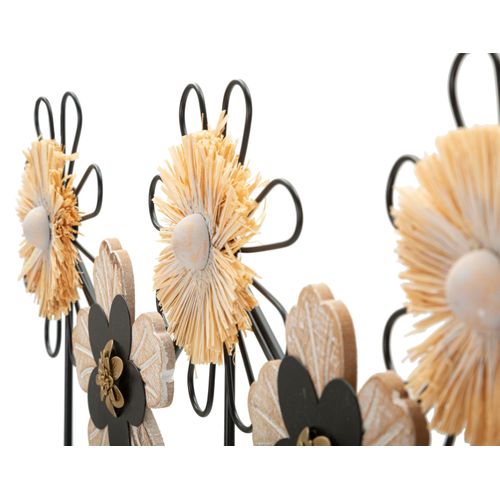 Patère Murale Fleurs Décoratives 5 Crochets Métal, Mdf Et Raphia 61x30,5 Cm