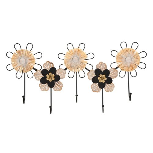 Patère Murale Fleurs Décoratives 5 Crochets Métal, Mdf Et Raphia 61x30,5 Cm