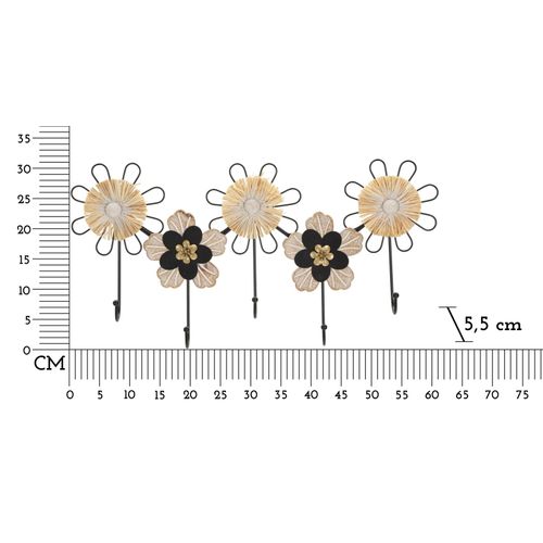 Patère Murale Fleurs Décoratives 5 Crochets Métal, Mdf Et Raphia 61x30,5 Cm