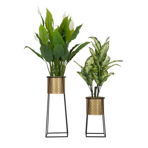 Paire De Pots à Fleurs Ronds Dorés Et Noirs Avec Socles Amovibles Ø26x70-23x45 Cm