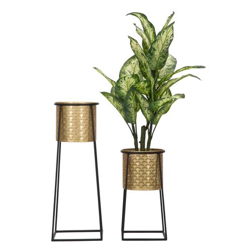 Paire De Pots à Fleurs Ronds Dorés Et Noirs Avec Socles Amovibles Ø26x70-23x45 Cm