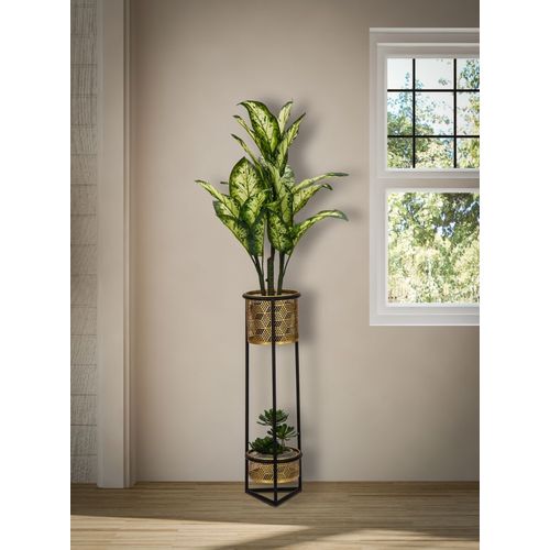 Porte-plantes à Deux Niveaux Doré Et Noir Avec Socle Amovible Ø23x80 Cm