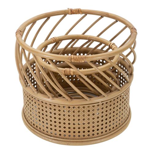 Lot De 2 Porte-vases Ronds En Métal Et Rotin Ø30-22 Cm Style Bohème