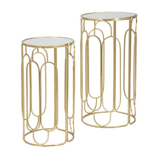 Tables Porte-plantes Rondes Ø 36,5 X 70 Et 31 X 60 Cm, Métal Doré Et Miroir, Set 2 Pièces