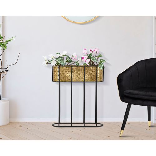 Porte-plante Ovale 60 X 20 X 70 Cm, Métal Doré Et Noir, Design Élégant