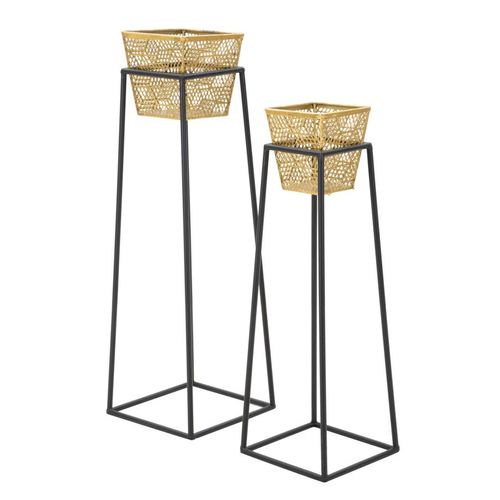 Porte-vases Carrés 2 Pièces 23x70-20x60 Cm, Métal Doré Et Noir Élégant
