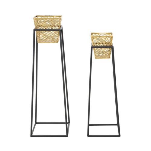 Porte-vases Carrés 2 Pièces 23x70-20x60 Cm, Métal Doré Et Noir Élégant