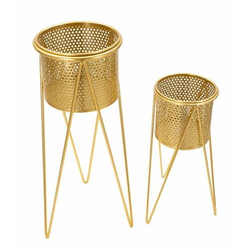 Paire De Porte-vases En Métal Doré Avec Décorations Arrondies, 21x20x46-18x18x32 Cm