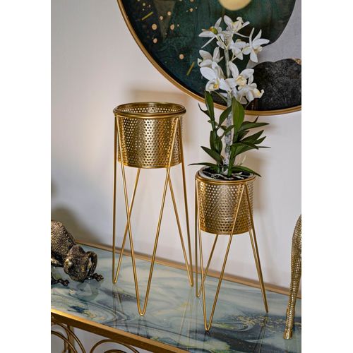 Paire De Porte-vases En Métal Doré Avec Décorations Arrondies, 21x20x46-18x18x32 Cm