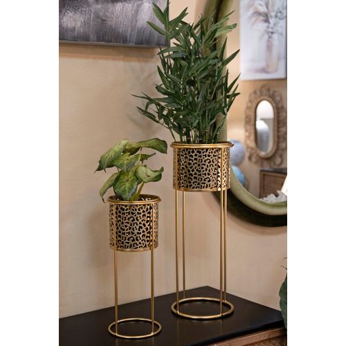 Paire De Porte-vases En Métal Doré Avec Décorations Arrondies, Ø 17x46-14x34 Cm