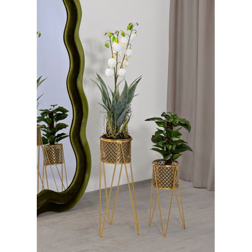 Paire De Porte-vases En Métal Doré Avec Décorations Arrondies Croisées, 21x20x46-18x18x32 Cm