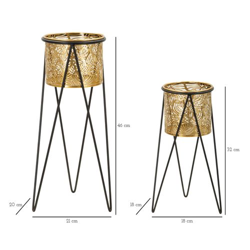 Paire De Porte-vases En Métal Doré Avec Décorations De Feuilles, 21x20x46-18x18x32 Cm