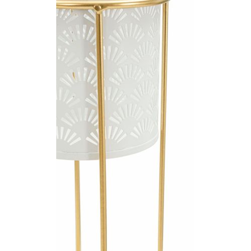 Paire De Porte-vases En Métal Blanc Et Doré, Décor Géométrique, 17x46-14x34 Cm