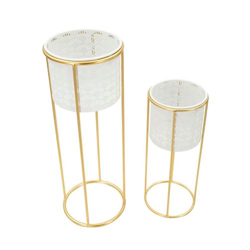 Paire De Porte-vases En Métal Blanc Et Doré, Décor Géométrique, 17x46-14x34 Cm