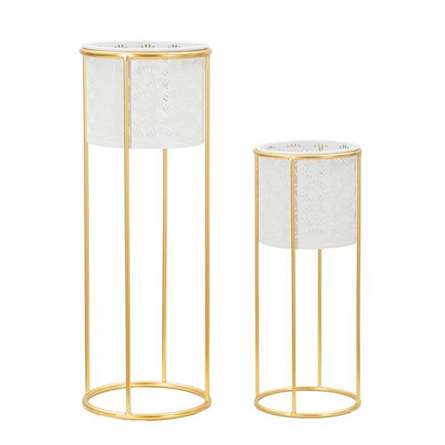 Paire De Porte-vases En Métal Blanc Et Doré, Décor Géométrique, 17x46-14x34 Cm