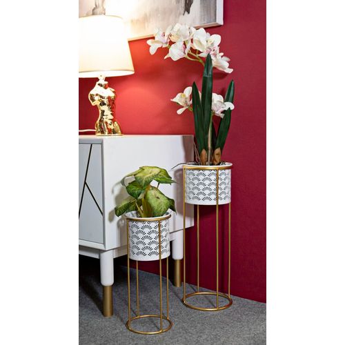 Paire De Porte-vases En Métal Blanc Et Doré, Décor Géométrique, 17x46-14x34 Cm