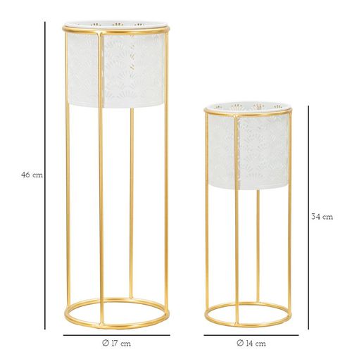 Paire De Porte-vases En Métal Blanc Et Doré, Décor Géométrique, 17x46-14x34 Cm