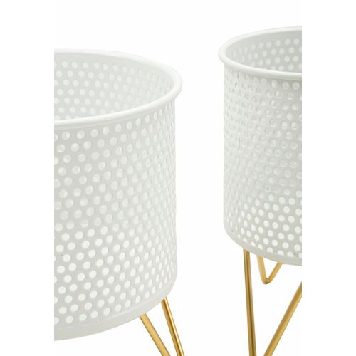 Paire De Porte-vases En Métal Blanc Et Doré, Décor Rond, Ø 16x20-13x20 Cm