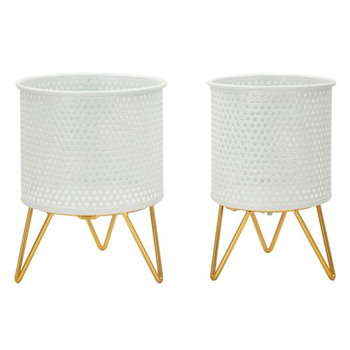 Paire De Porte-vases En Métal Blanc Et Doré, Décor Rond, Ø 16x20-13x20 Cm