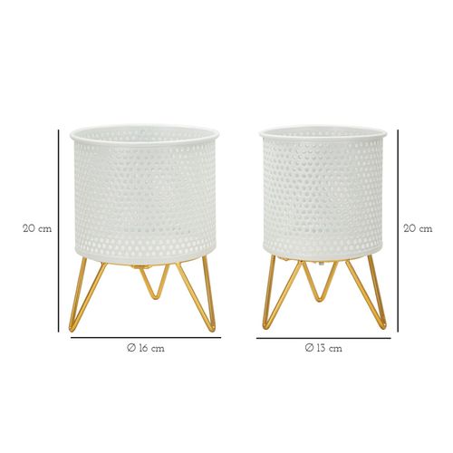 Paire De Porte-vases En Métal Blanc Et Doré, Décor Rond, Ø 16x20-13x20 Cm