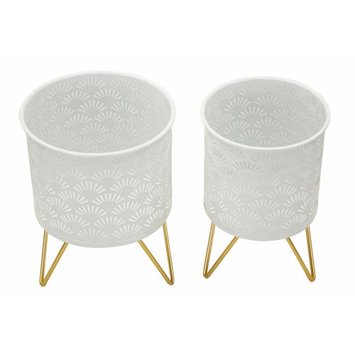 Paire De Porte-vases En Métal Blanc Et Doré, Décor Géométrique, Ø 16x20-13x20 Cm
