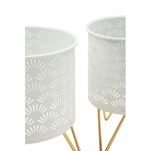 Paire De Porte-vases En Métal Blanc Et Doré, Décor Géométrique, Ø 16x20-13x20 Cm