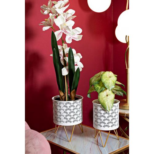 Paire De Porte-vases En Métal Blanc Et Doré, Décor Géométrique, Ø 16x20-13x20 Cm