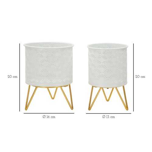 Paire De Porte-vases En Métal Blanc Et Doré, Décor Géométrique, Ø 16x20-13x20 Cm