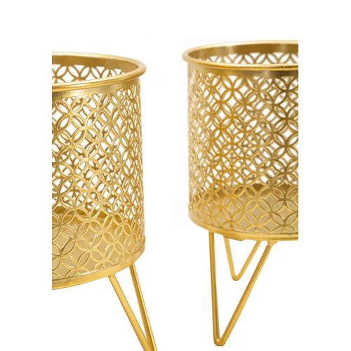 Paire De Porte-vases En Métal Doré Avec Décor Circulaire, Ø 16x20-13x20 Cm