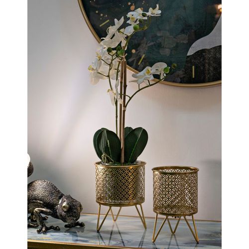 Paire De Porte-vases En Métal Doré Avec Décor Circulaire, Ø 16x20-13x20 Cm