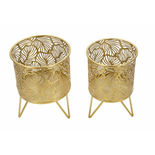 Paire De Porte-vases En Métal Doré Avec Décor Feuillage, Ø 16x20-13x20 Cm