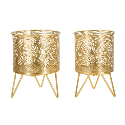Paire De Porte-vases En Métal Doré Avec Décor Feuillage, Ø 16x20-13x20 Cm