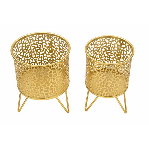 Paire De Porte-vases En Métal Doré Avec Décor Arrondi, Ø 16x20-13x20 Cm