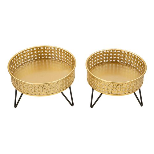 Paire De Porte-vases Métalliques Dorés Avec Gravures Rondes Et Reliefs, Ø 20,5x13-18x13 Cm