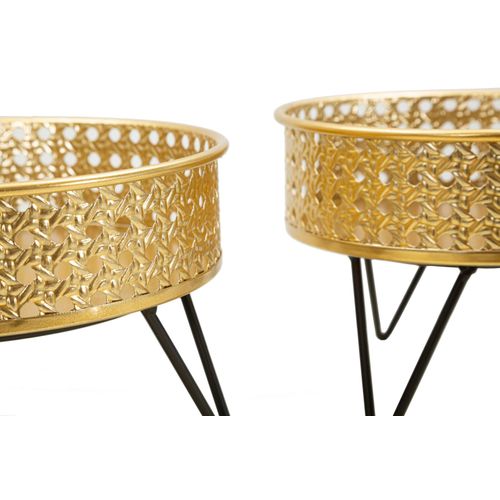 Paire De Porte-vases Métalliques Dorés Avec Gravures Rondes Et Reliefs, Ø 20,5x13-18x13 Cm