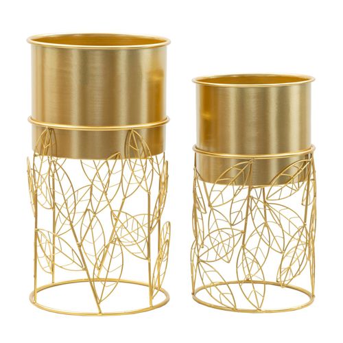 Set De 2 Porte-vases Métalliques Dorés Ø 23x43-20x36 Cm Avec Décor De Feuilles Tressées