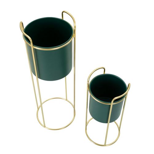 Support De Vase Vert Avec Base Dorée, Set De 2, Ø 24x70-19,5x45 Cm