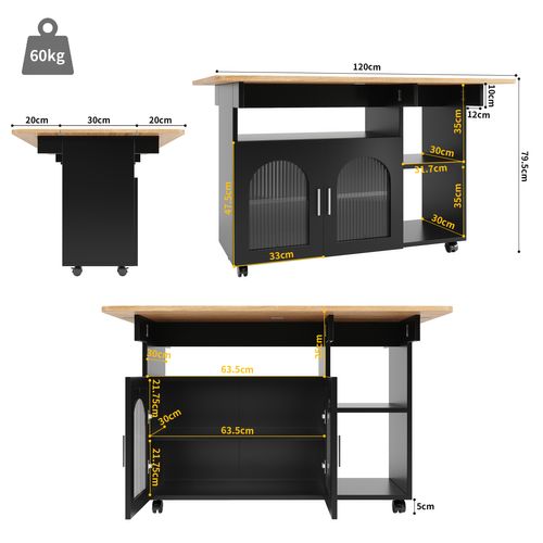 Buffet 120×30×79,5cm, Meuble De Cuisine Moderne, Plateau De Table Pliant, Avec Roulettes, Mdf, Noir