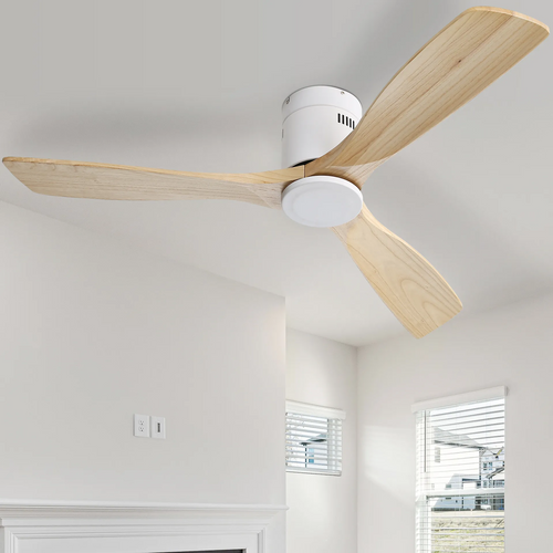 Ventilateur Plafond 52", Bois Massif, Moteur Dc Réversible, Télécommande, Silencieux Salon