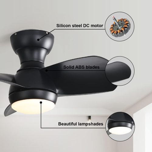 Ventilateur Plafond Chambre 23" Noir, LED 18w Dimmable, 3 Pales Abs, Moteur Dc, Télécommande.