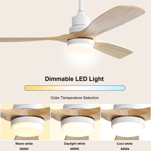 Ventilateur Plafond 52" LED Dimmable, 3 Pales Bois, Moteur Dc Réversible, Télécommande Silencieux.