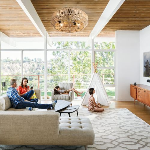 Ventilateur Plafond Boho 22", Cage En Rotin, LED 6 Vitesses, Télécommande, Moteur Réversible