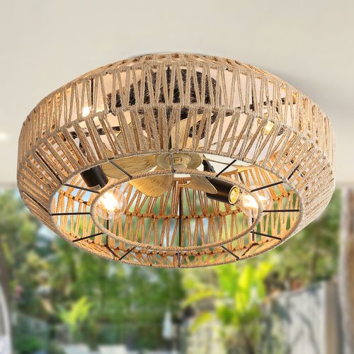 Ventilateur Plafond Boho 22", Cage En Rotin, LED 6 Vitesses, Télécommande, Moteur Réversible