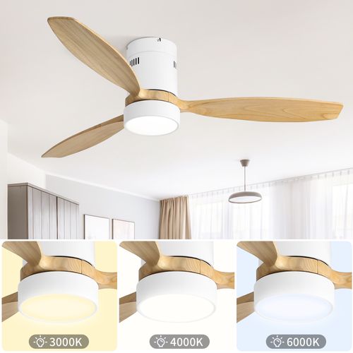 Ventilateur Plafond 52",montage Affleurant, 3 Pales Bois Massif,moteur Réversible Silencieux,lumière