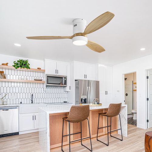 Ventilateur Plafond 52",montage Affleurant, 3 Pales Bois Massif,moteur Réversible Silencieux,lumière