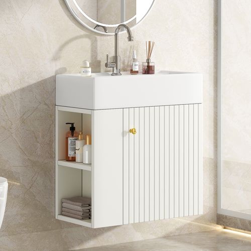 Meuble De Salle De Bain Avec Lavabo Et Meuble Sous Lavabo Suspendu 55 Cm,blanc,petit Meuble Invité