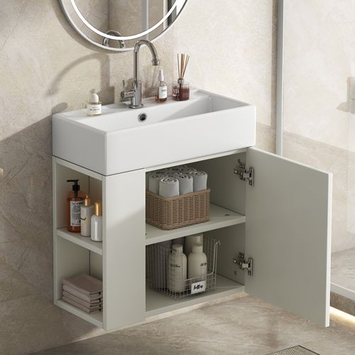 Meuble De Salle De Bain Avec Lavabo Et Meuble Sous Lavabo Suspendu 55 Cm,blanc,petit Meuble Invité