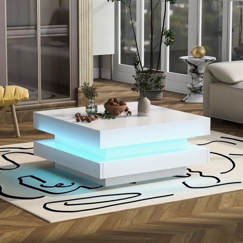 Table Basse Carrée Blanche – Style Moderne Avec LED 16 Couleurs,70x70x36 Cm,capacité 3 Kg