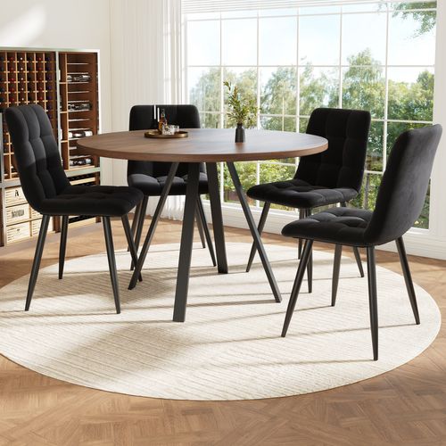 Table Ronde En Métal 80×80×75cm, Plateau Noyer, Pieds Noirs, Pour 4 Personnes, Salon, Cuisine