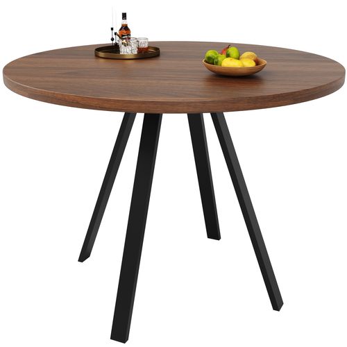 Table Ronde En Métal 80×80×75cm, Plateau Noyer, Pieds Noirs, Pour 4 Personnes, Salon, Cuisine